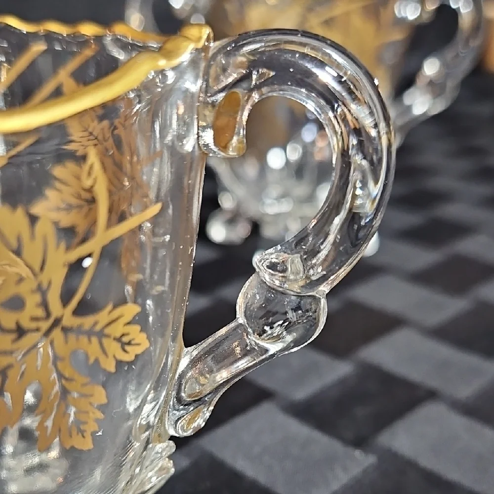 VTG Gold Overlay Rippled Rim and Leaf Motif Footed Creamer & Open Sugar